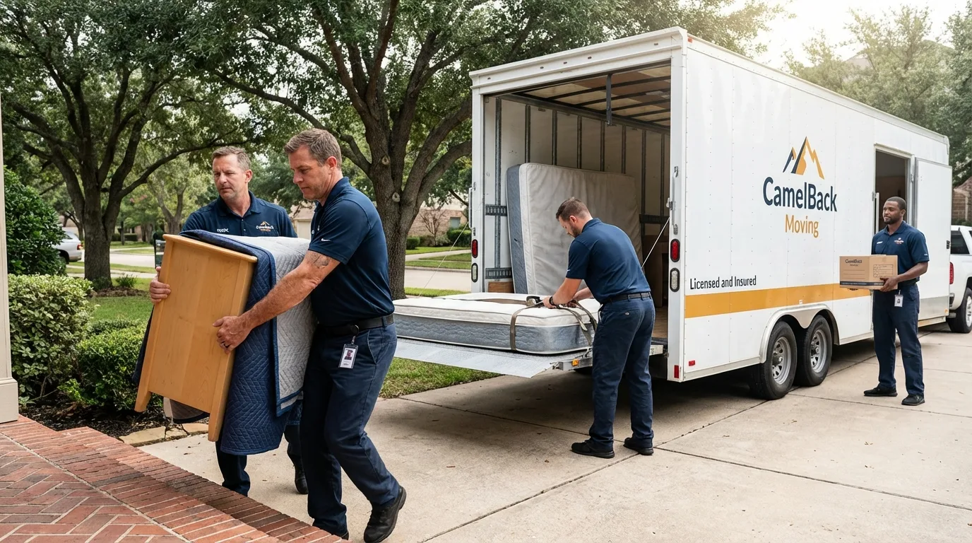 Crew loading residential truck for cross-state move from Monrovia, CA