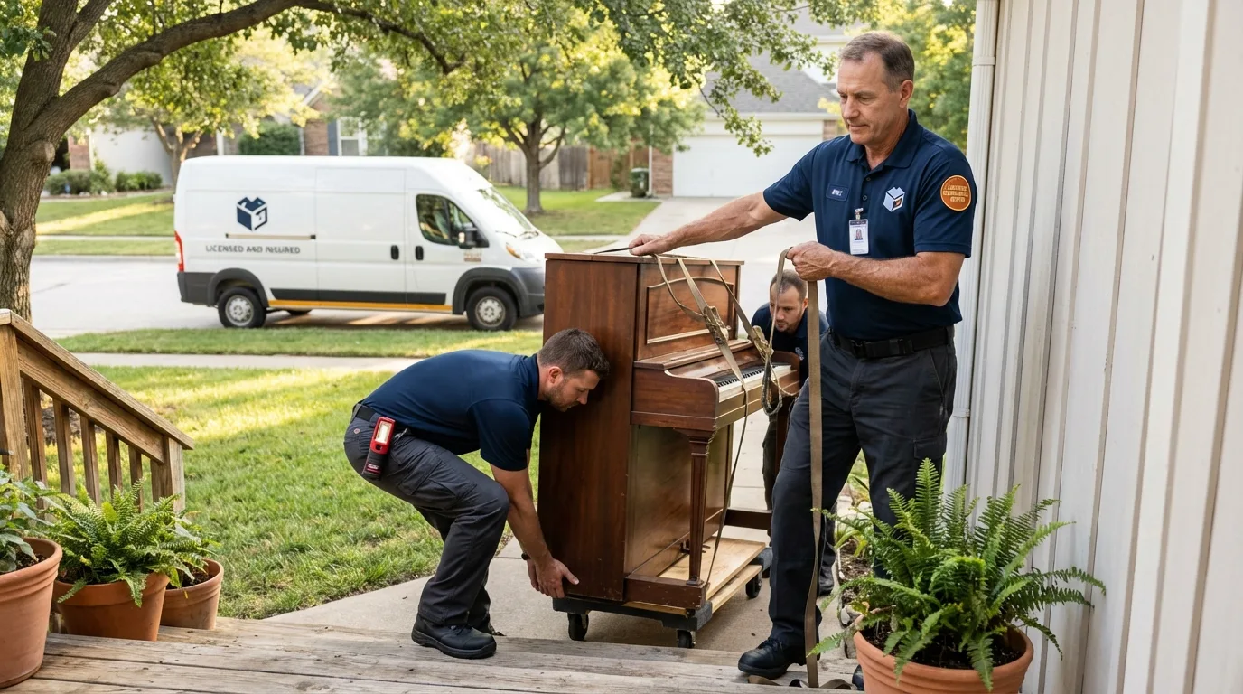 Licensed piano movers securing grand piano in Monrovia, CA