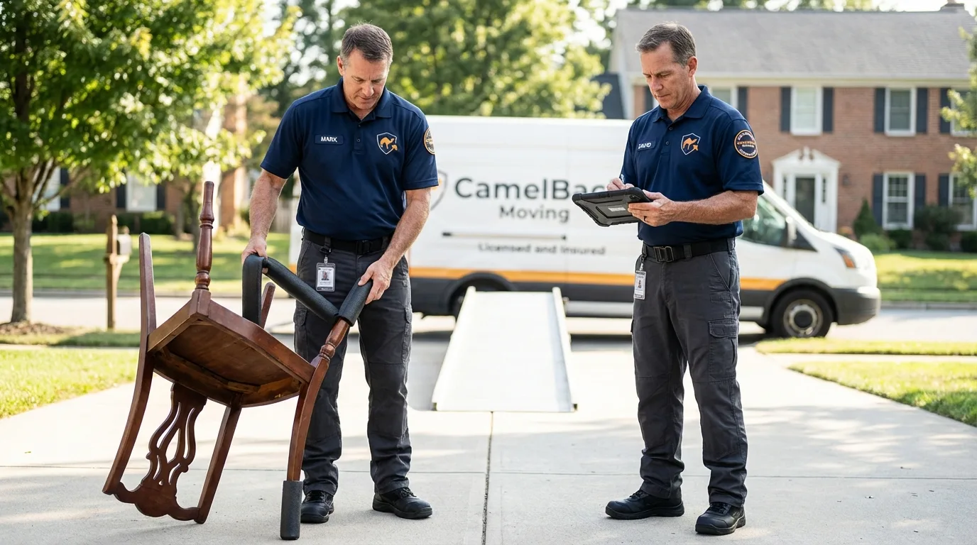 Movers inspecting furniture for damage prevention before loading in Monrovia, CA