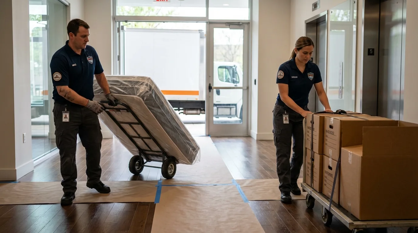 Professional apartment movers loading elevator in Monrovia, CA